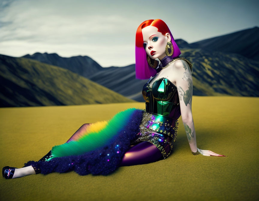 Colorful 3D Female Figure in Mermaid Costume on Yellow Terrain