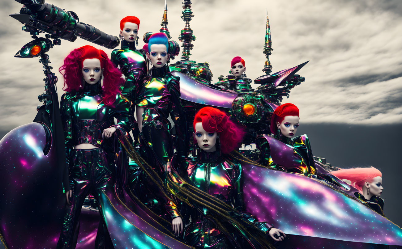 Futuristic female figures with red and purple hair in metallic outfits