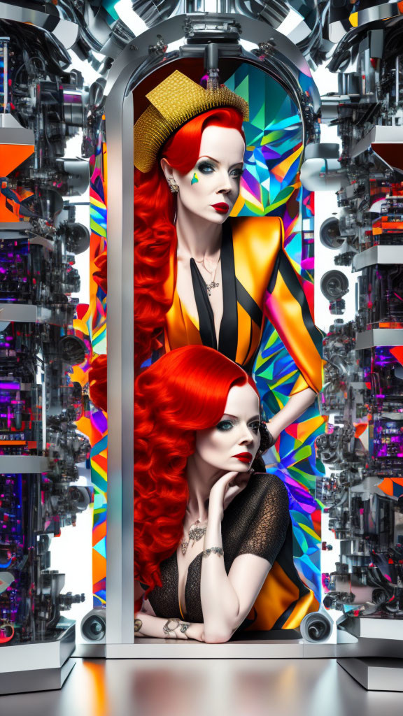 Red-haired woman in black dress with futuristic machinery and mirror pose
