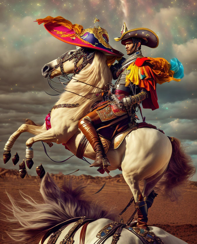 Person in flamboyant cavalier costume on rearing white horse under starry sky