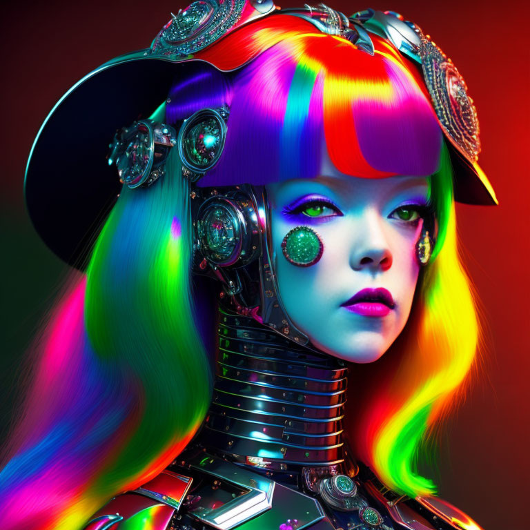 Multicolored Hair Female Cyborg with Neon Cybernetic Features on Red Background