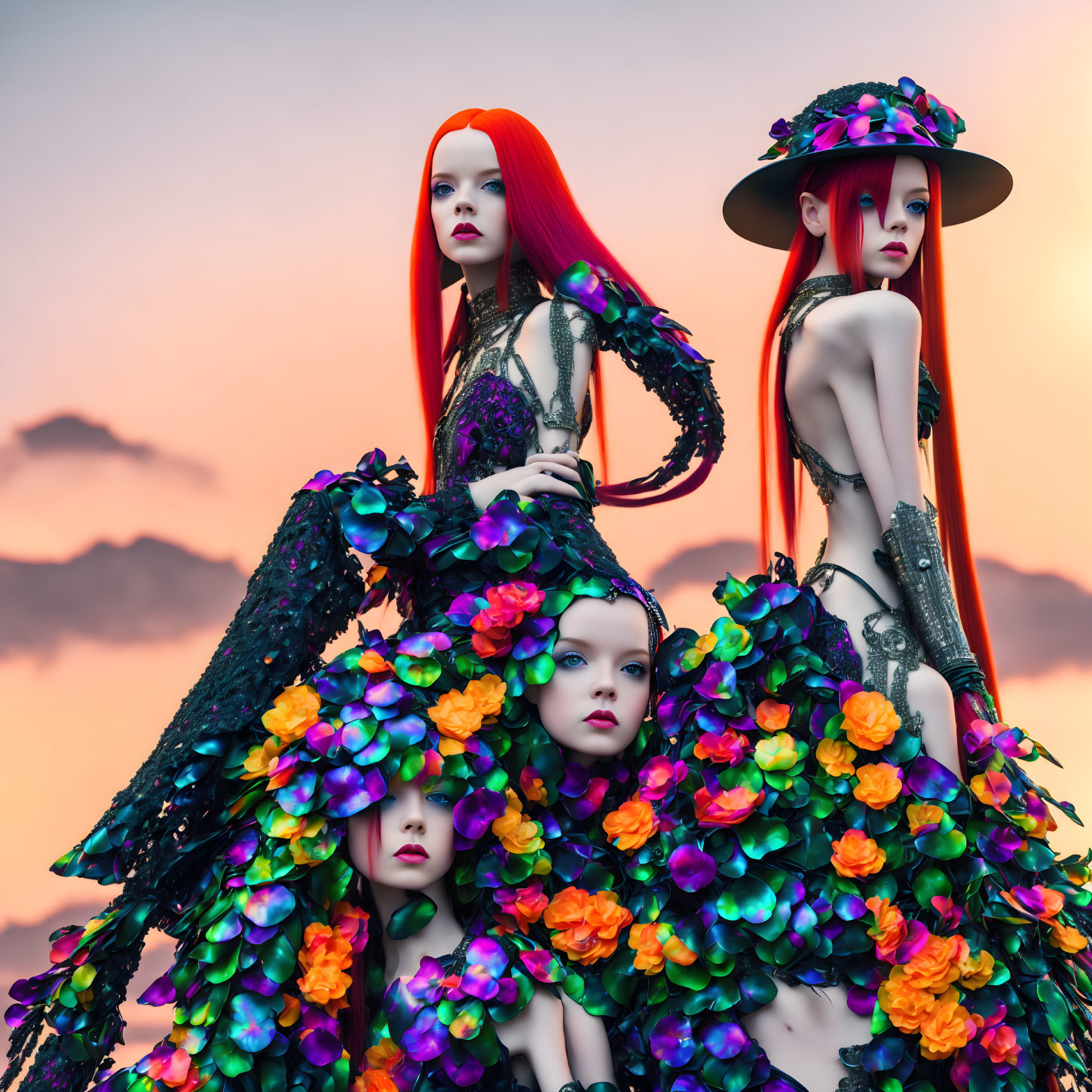 Mannequins with Red Hair in Floral Dresses on Sunset Sky Background