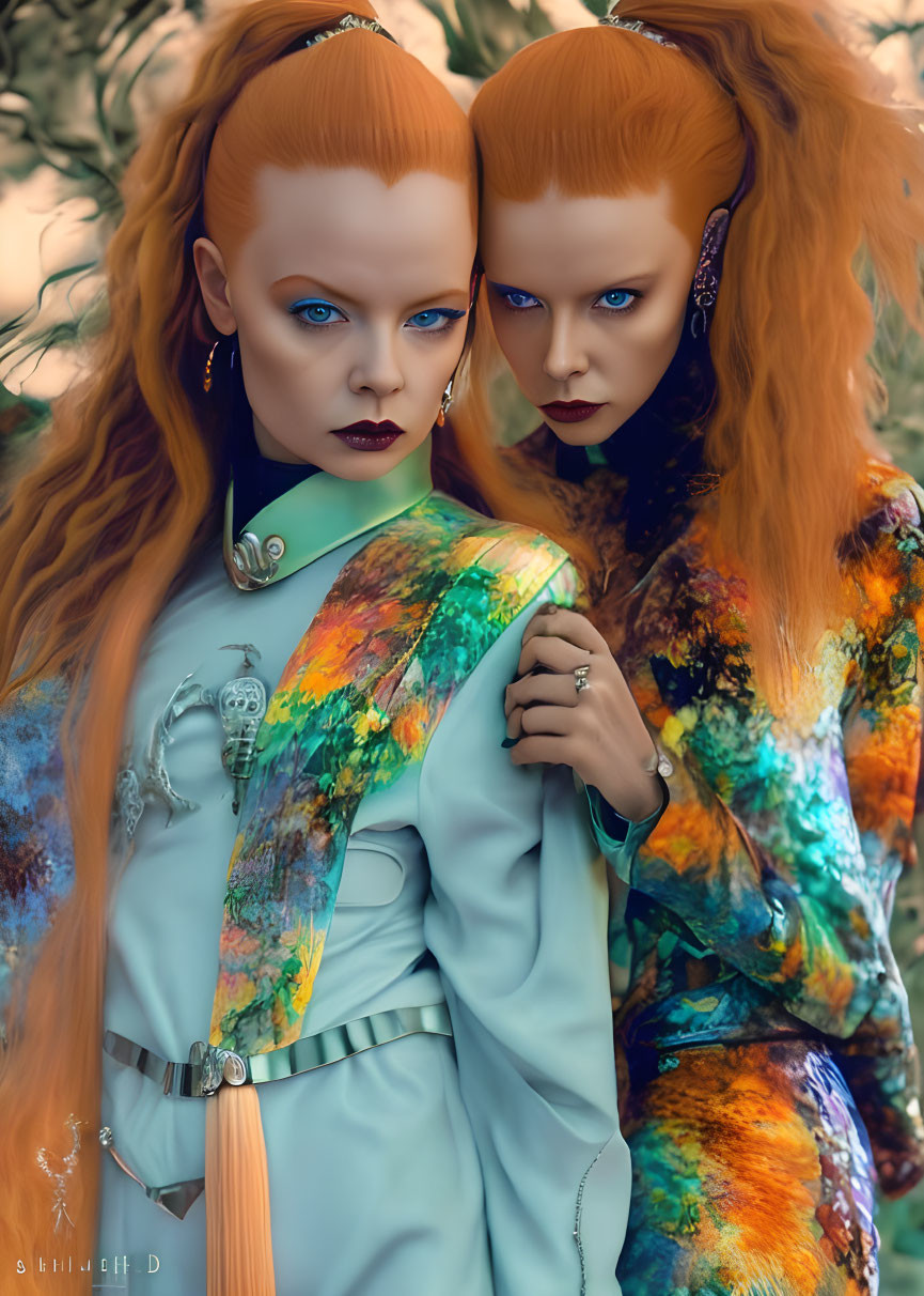 Striking orange hair and blue skin individuals in artistic pose