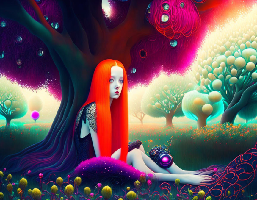 Vivid Red-Haired Woman in Surreal Psychedelic Landscape