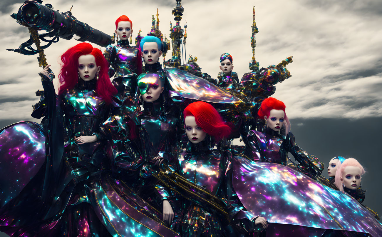 Colorful Cosmic Outfits on Futuristic Female Figures under Dramatic Sky