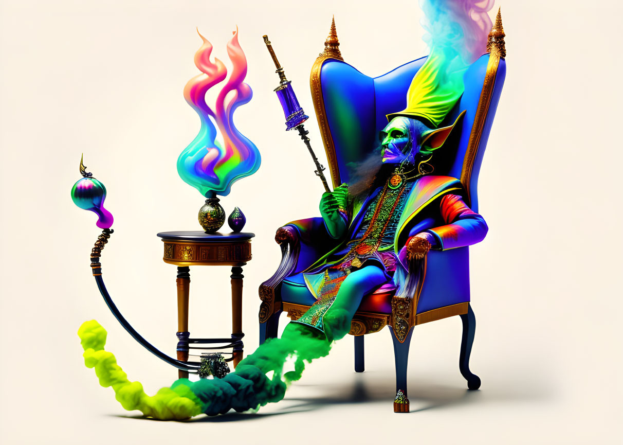 Colorful psychedelic jester on throne with smoke-emitting scepter in surreal setting