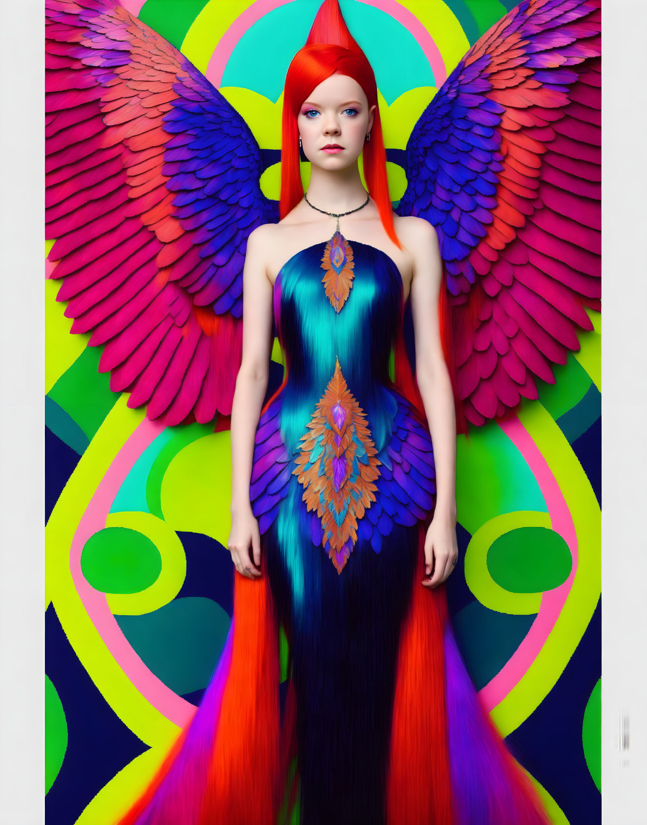 Colorful person with rainbow wings in front of psychedelic backdrop