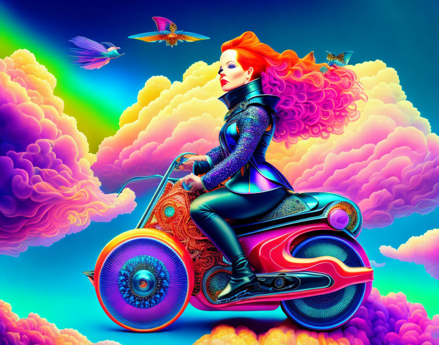 Red-haired woman rides ornate motorcycle in colorful cloudscape