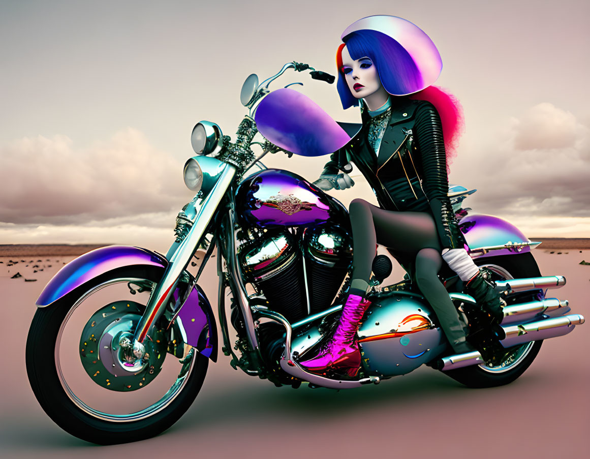 Futuristic woman with blue hair on motorcycle in desert