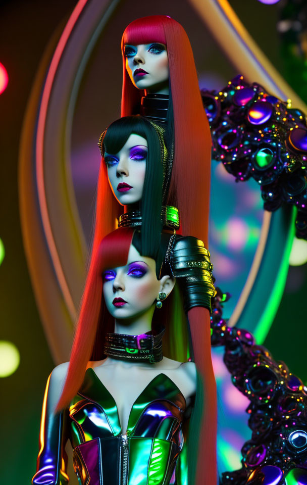 Three futuristic models with red hair in sleek makeup against a neon-lit backdrop in sci-fi outfits