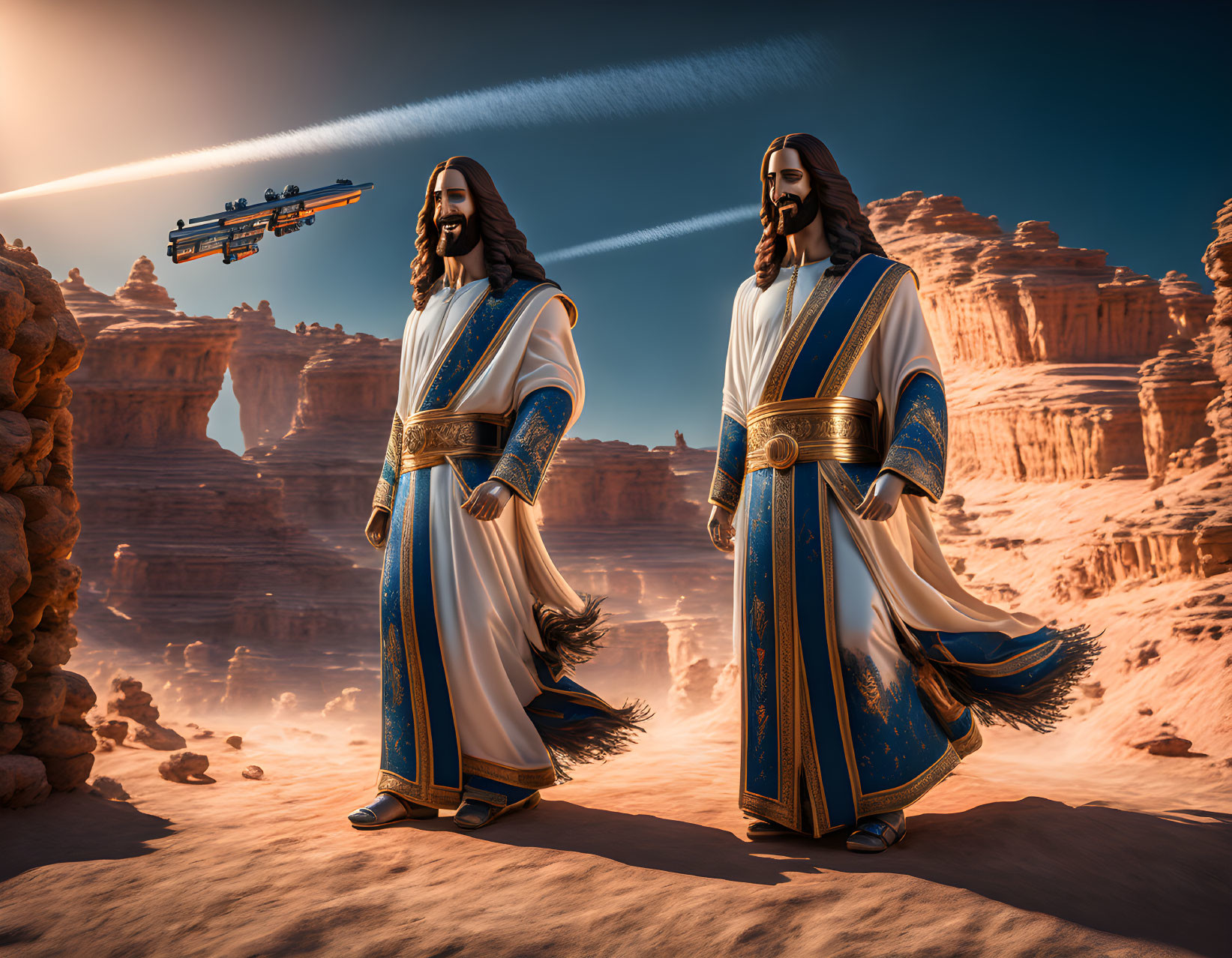 Twin robed figures in desert with X-wing starfighter