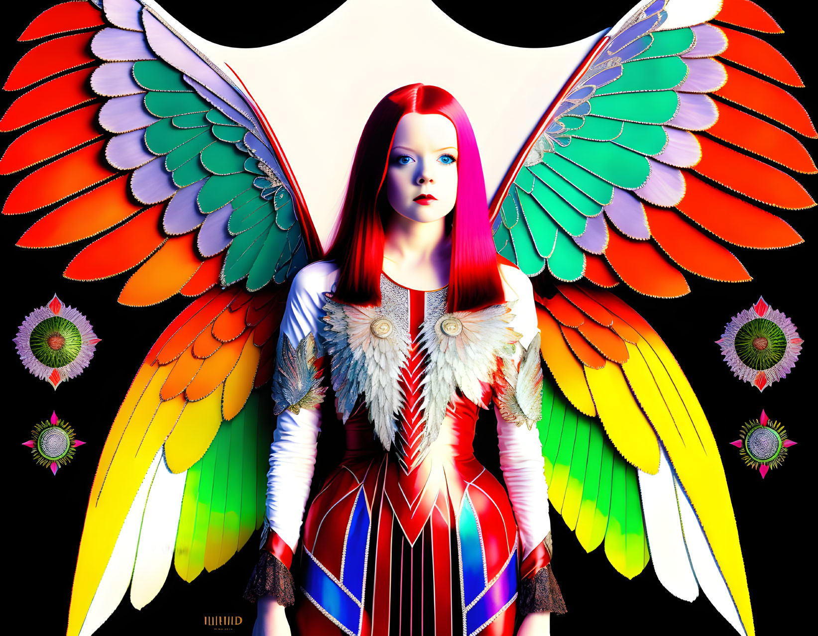 Colorful digital artwork: Woman with multicolored wings and feathered bodysuit on black background