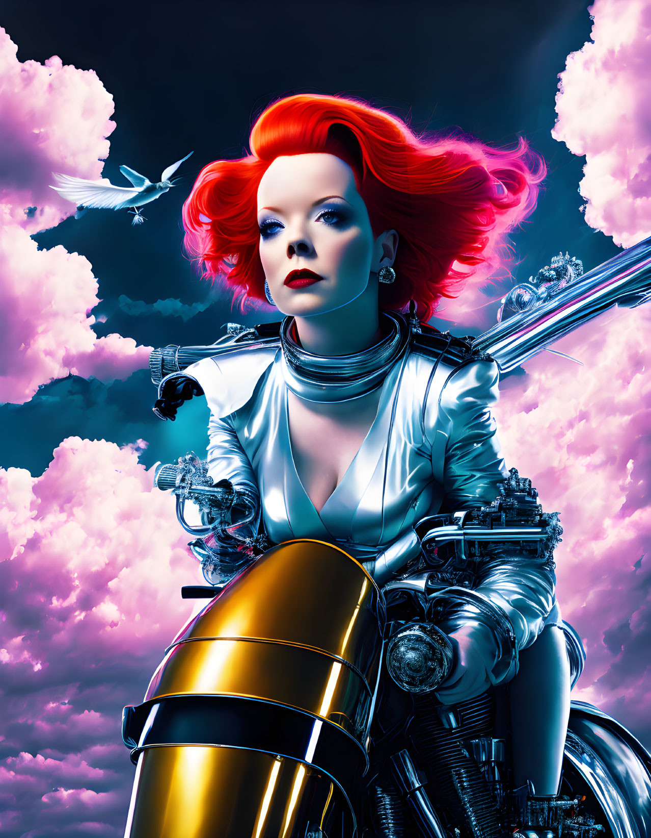 Vivid futuristic woman on glossy motorcycle with doves in pink and blue clouds