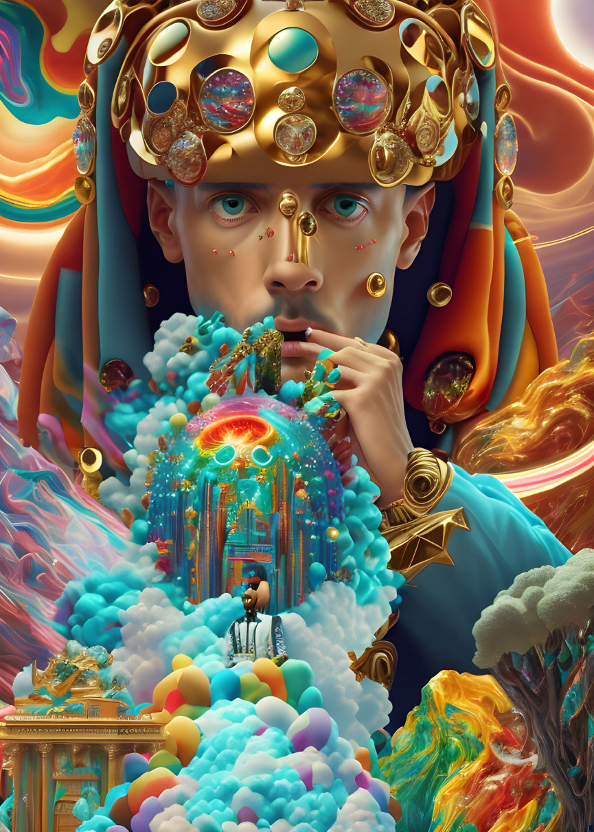 Surreal portrait featuring figure with ornate crown in vibrant celestial setting