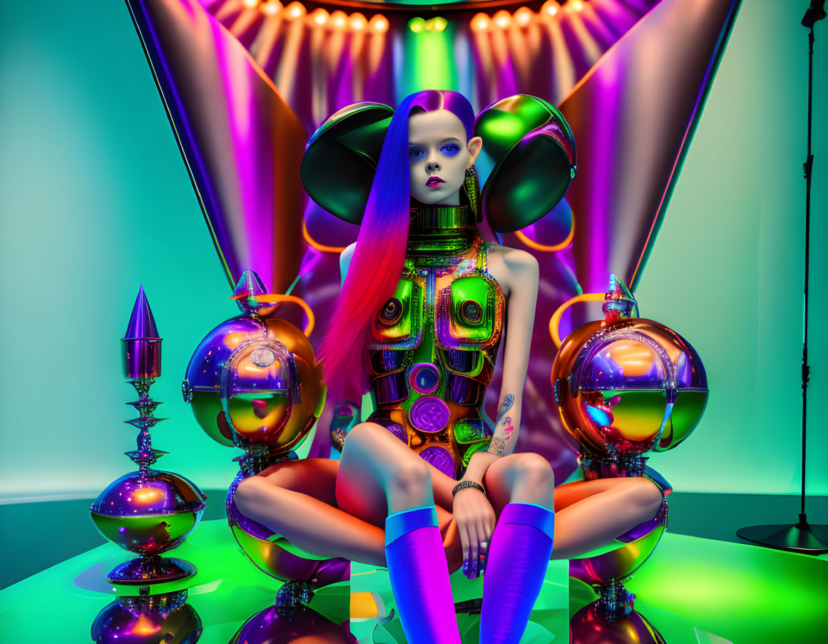 Futuristic woman with purple hair in metallic accessories amid vibrant green and pink hues