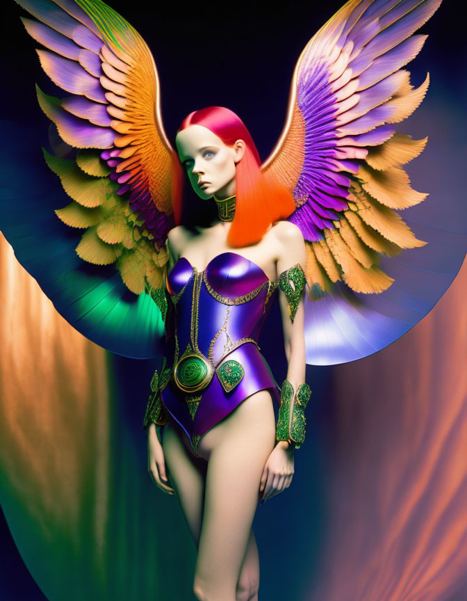 Person with Vibrant Wings in Colorful Fantasy Outfit