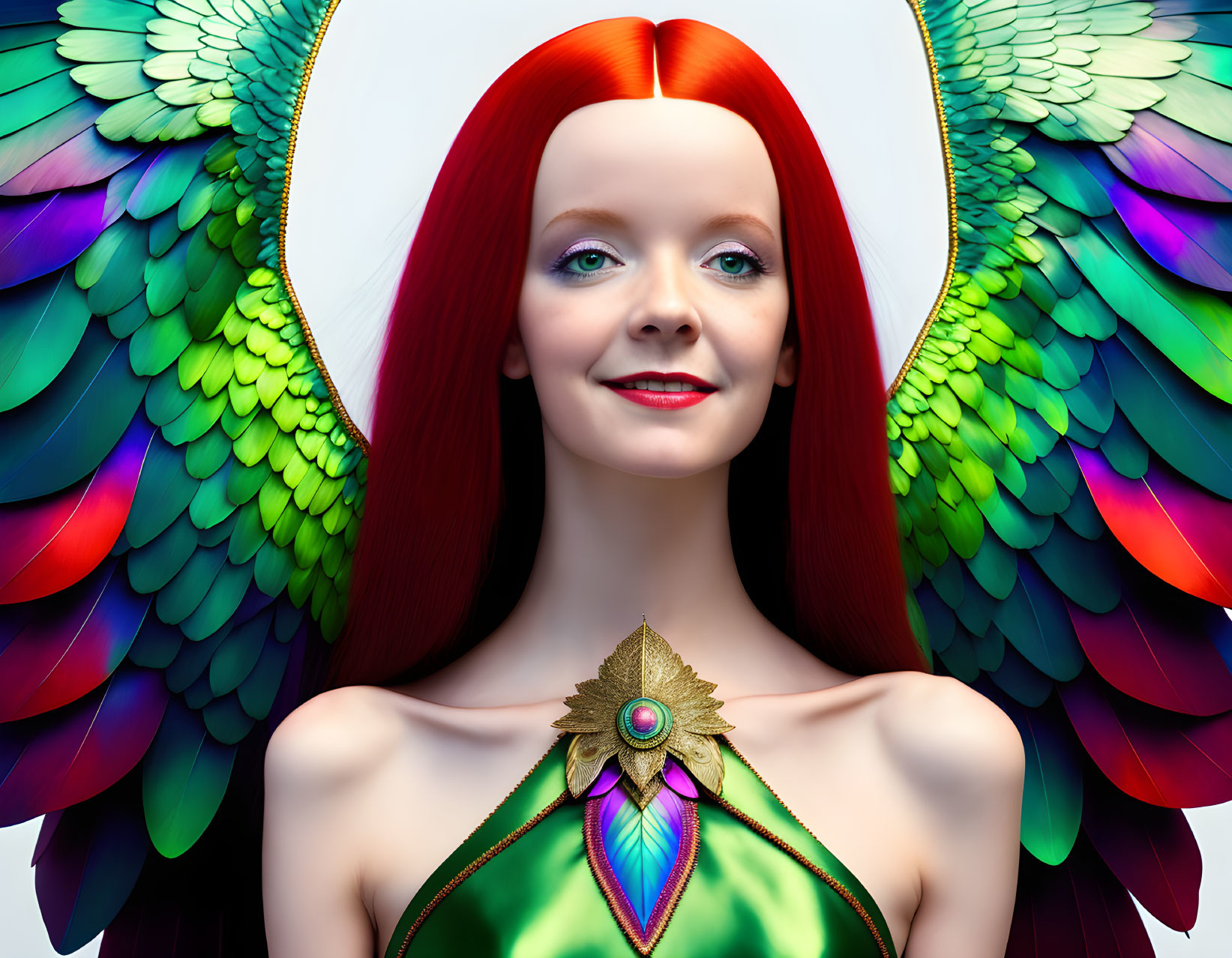 Vibrant red-haired woman with parrot-like wings in green dress.