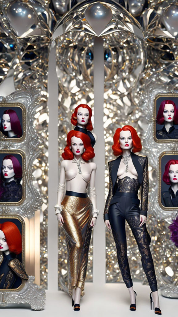 Red-haired mannequins in stylish outfits in elegant room with mirrored walls and silver decorations