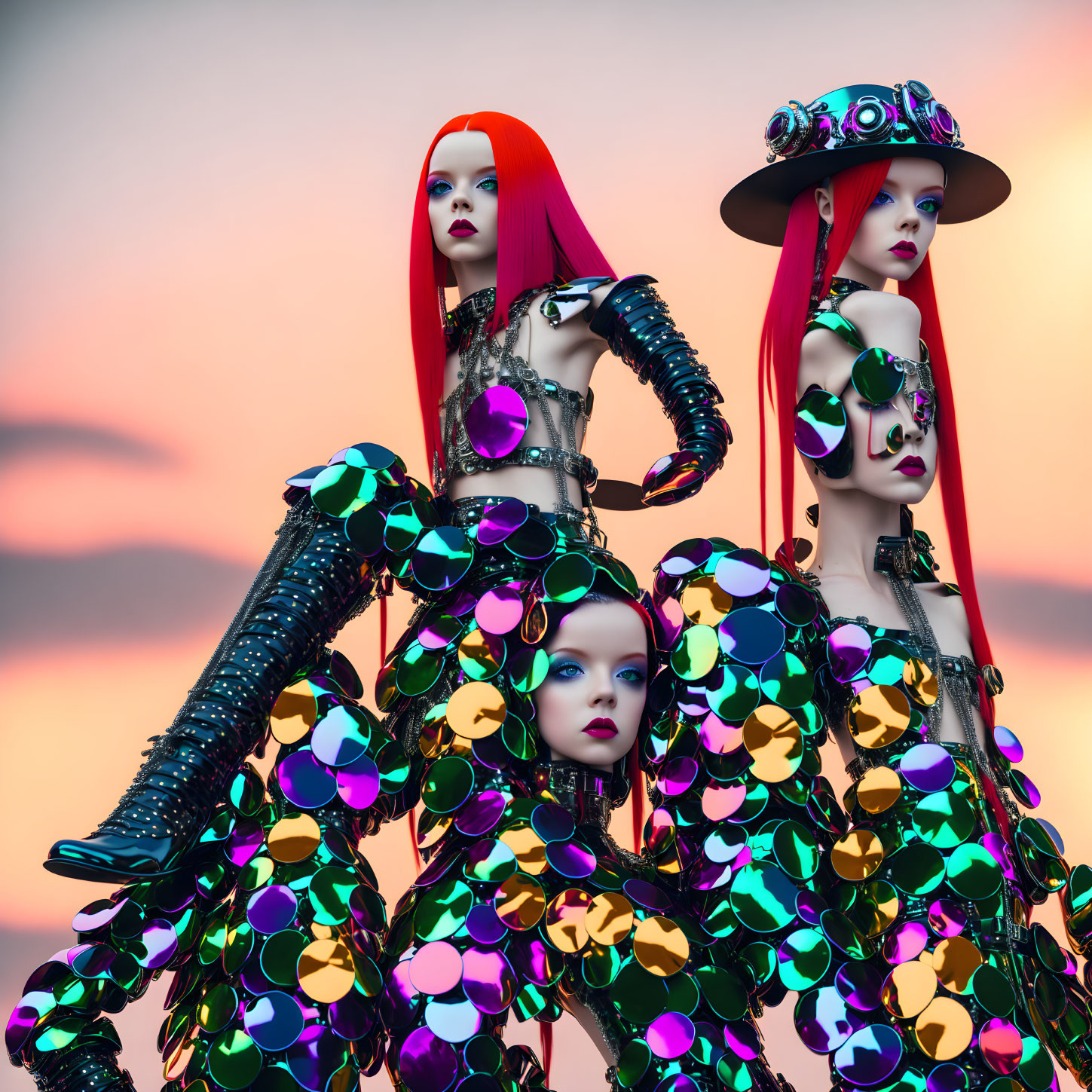 Colorful Mannequins in Sequin Outfits on Pastel Sky Background