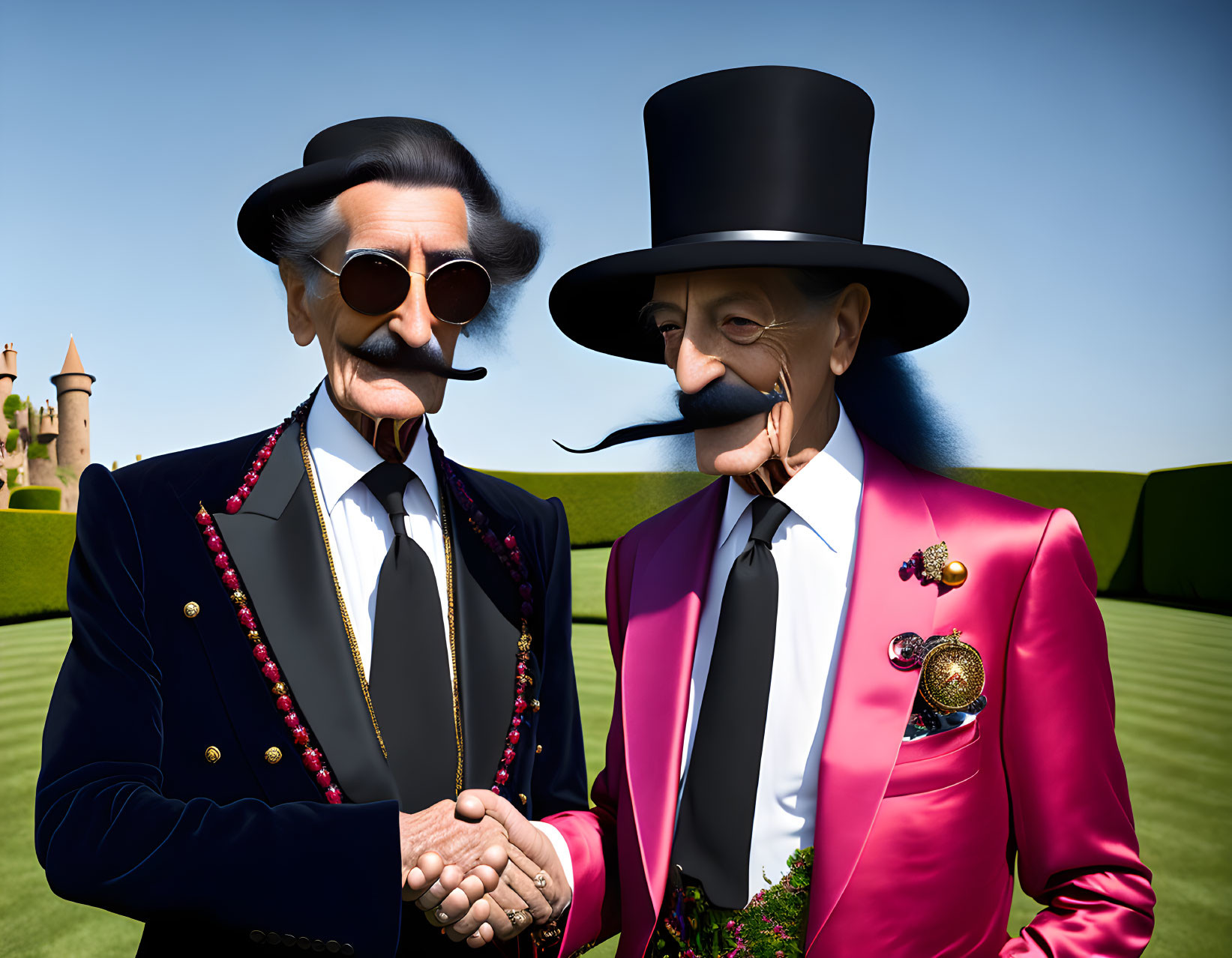 Colorful Stylized Gentlemen Shake Hands in Surreal Landscape