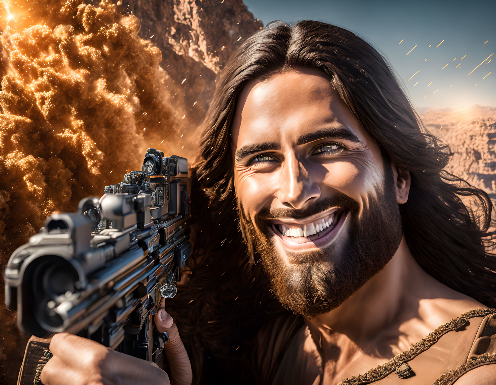 Smiling man with long hair holding scoped rifle in rocky terrain with explosion