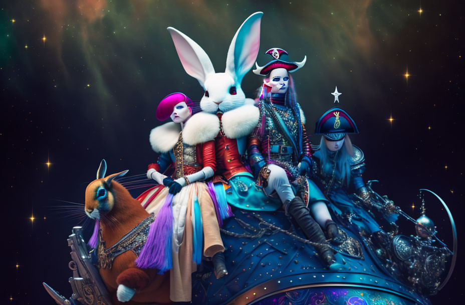 Colorful Surrealistic Portrait with Animal-Themed Costumes & Cosmic Background