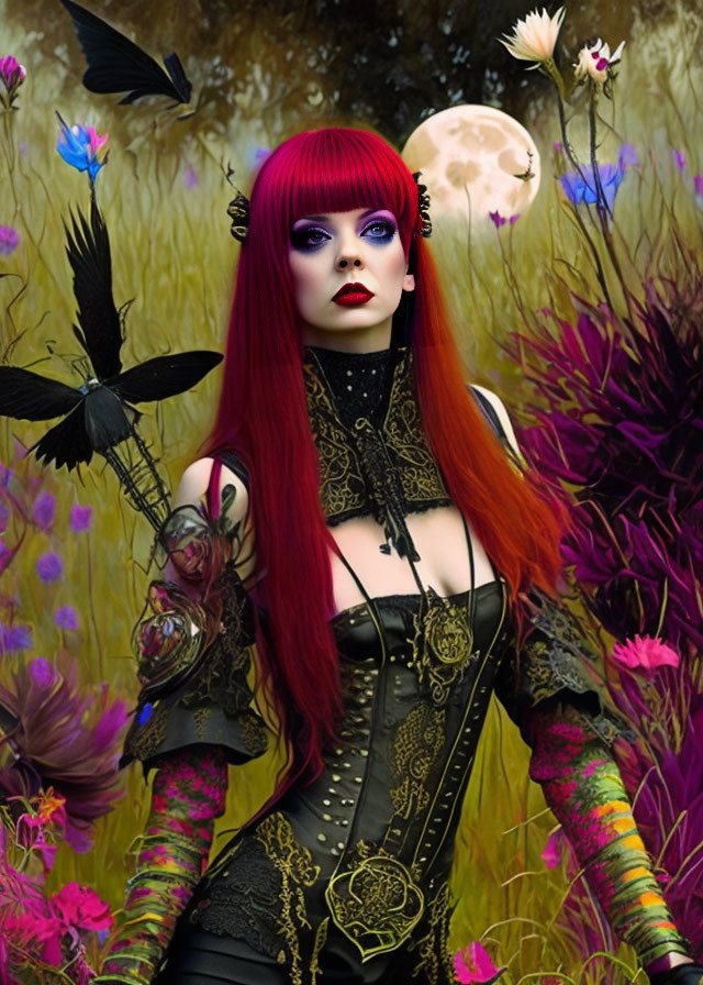 Red-haired woman in gothic attire amidst fantasy scene with vibrant flowers and crow.