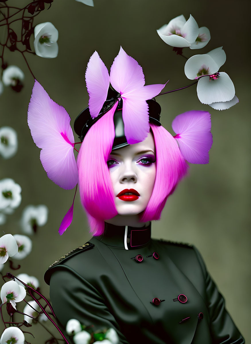 Woman with Pink Hair in Dark Uniform and Floral Accessories