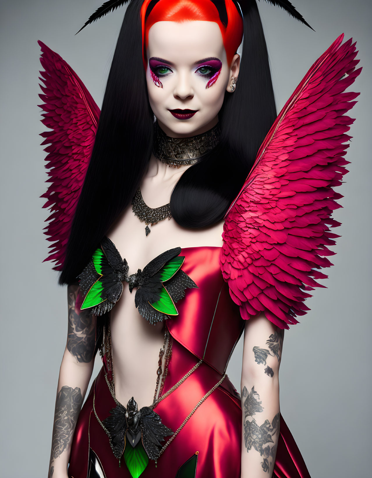 Vibrant red and black hair, butterfly bodysuit, tattoos, and feathered wings.