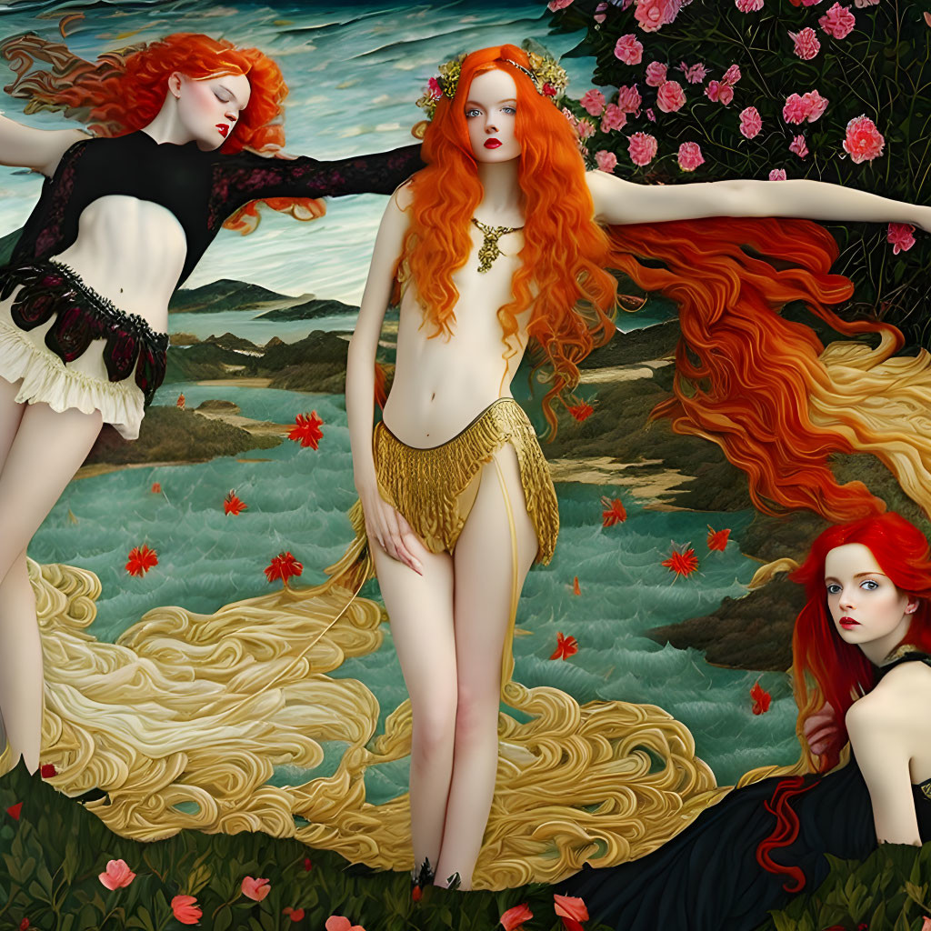 Vibrant seascape with three women and red hair among roses and starfish
