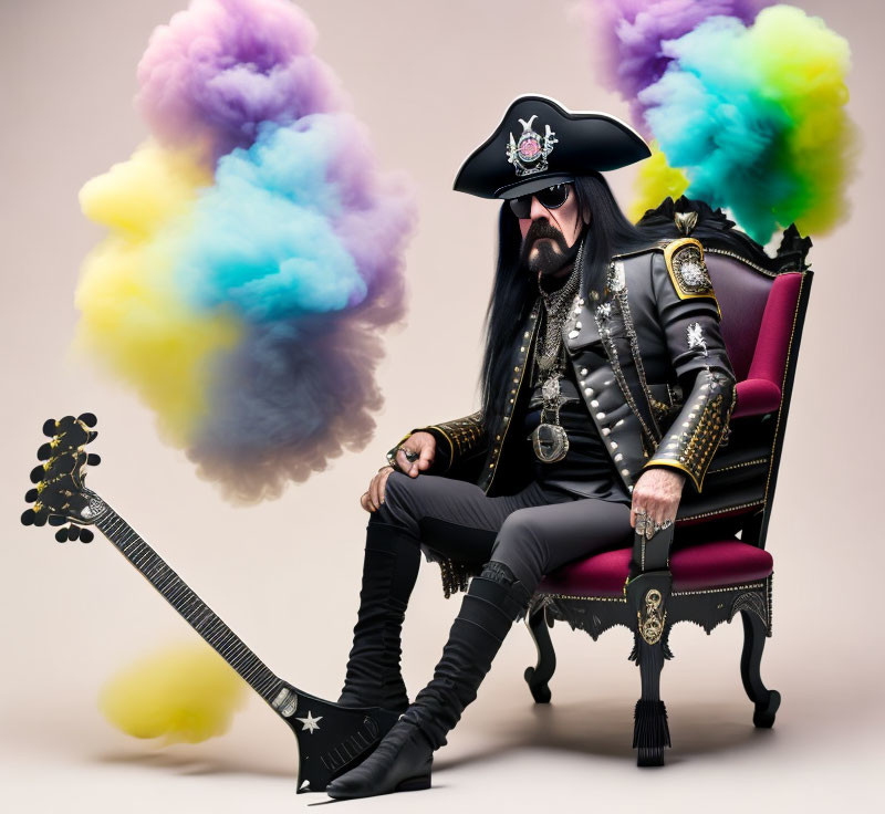 Pirate-themed man with guitar and colorful smoke on chair
