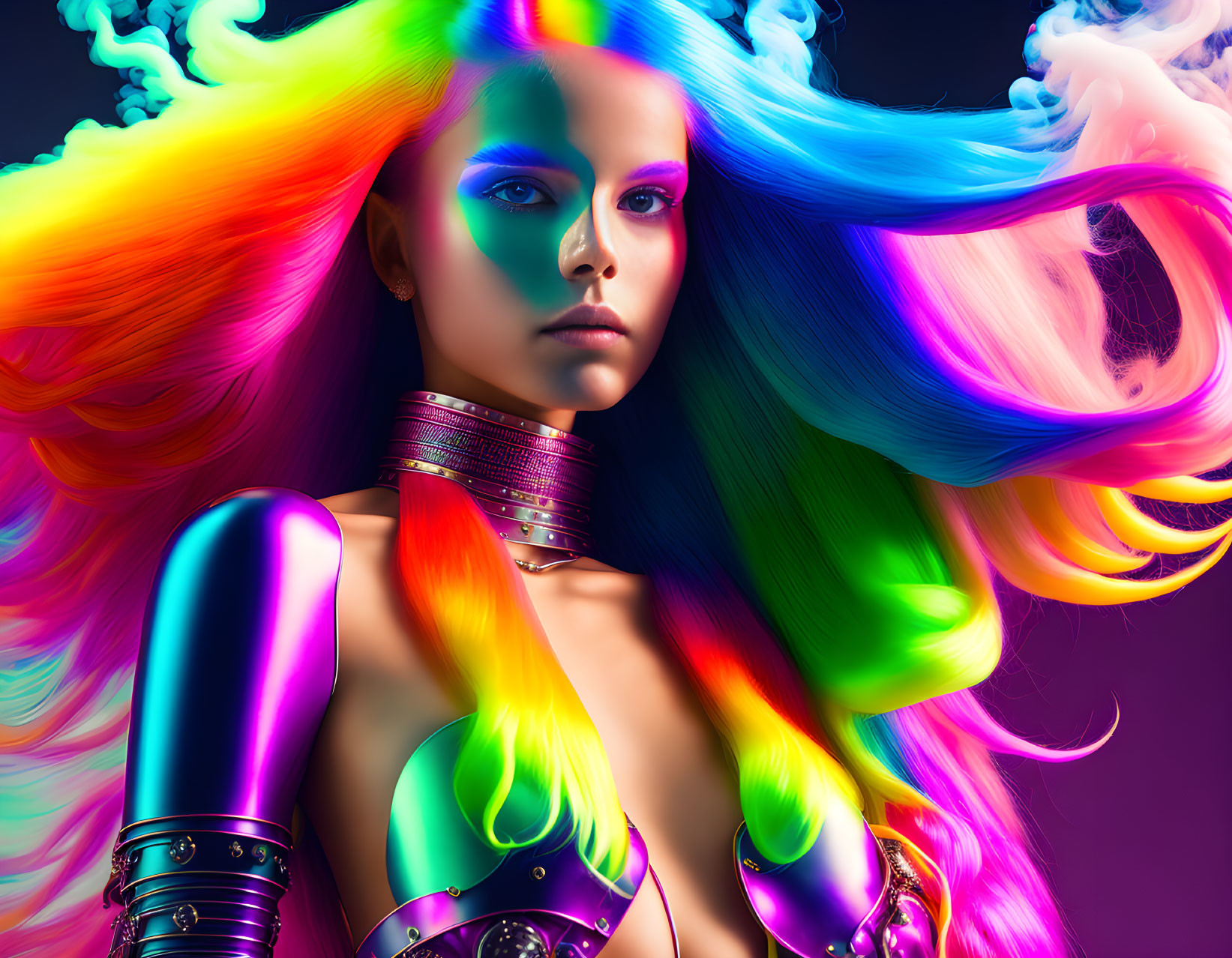 Colorful digital artwork: Woman with flowing rainbow hair and metallic attire on purple background