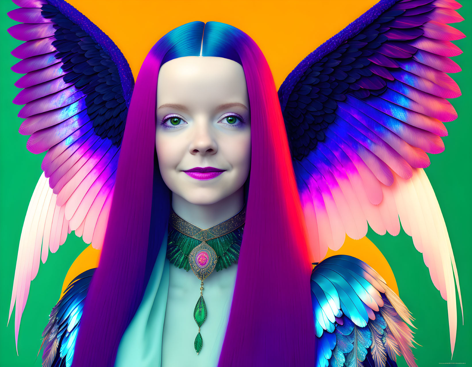 Digital artwork: Female figure with violet hair, multicolored wings, green background, and necklace