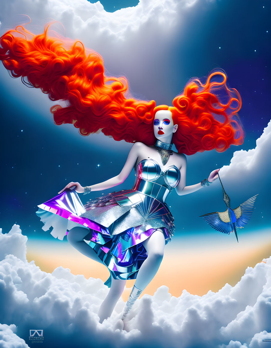 Vibrant red-haired woman in futuristic attire with mechanical bird among clouds