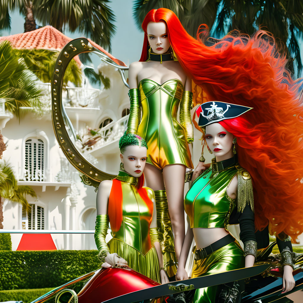 Stylized female figures in futuristic pirate costumes with sword, lush greenery, white villa