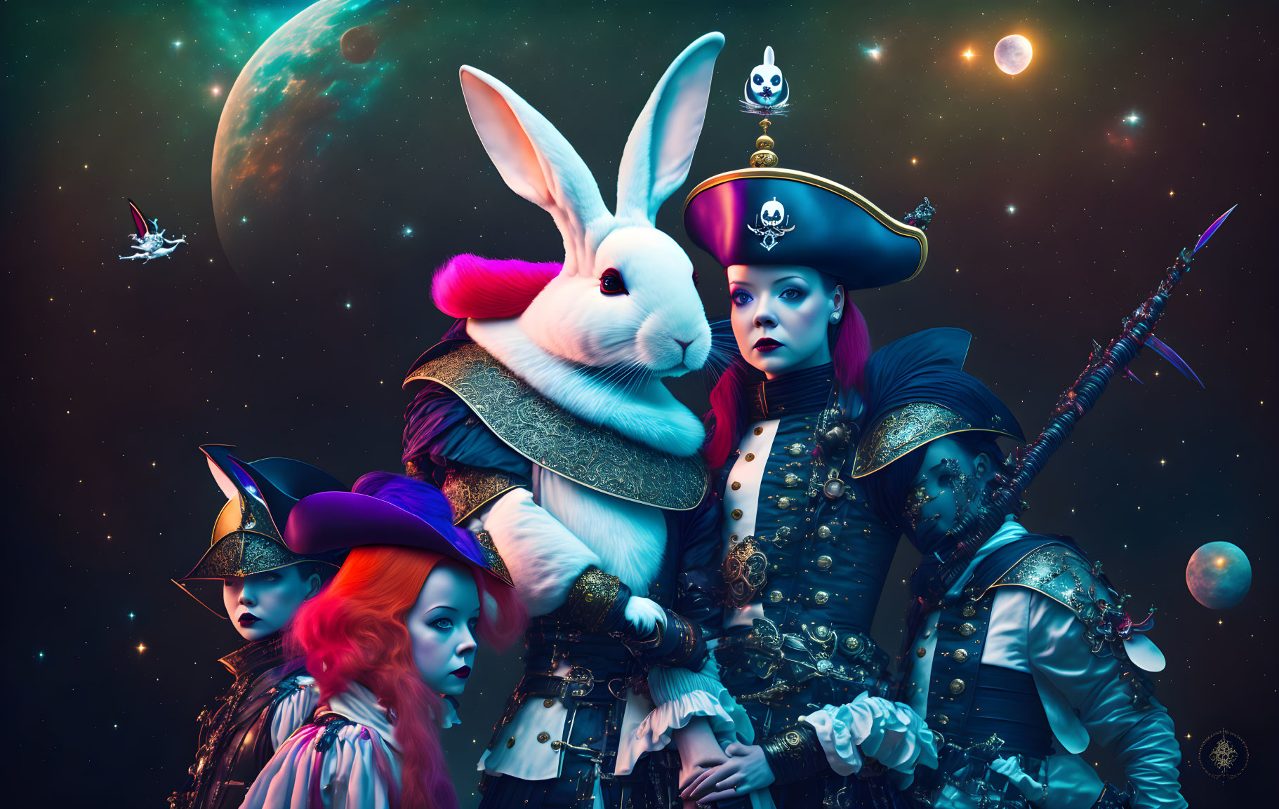 Surreal portrait: people in pirate costumes with giant rabbit in cosmic scene