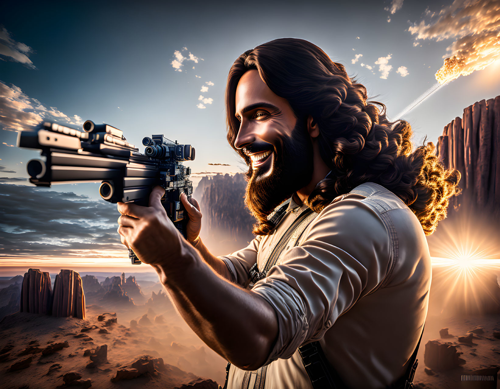 Illustration of smiling man with beard holding sci-fi handgun in desert canyon.