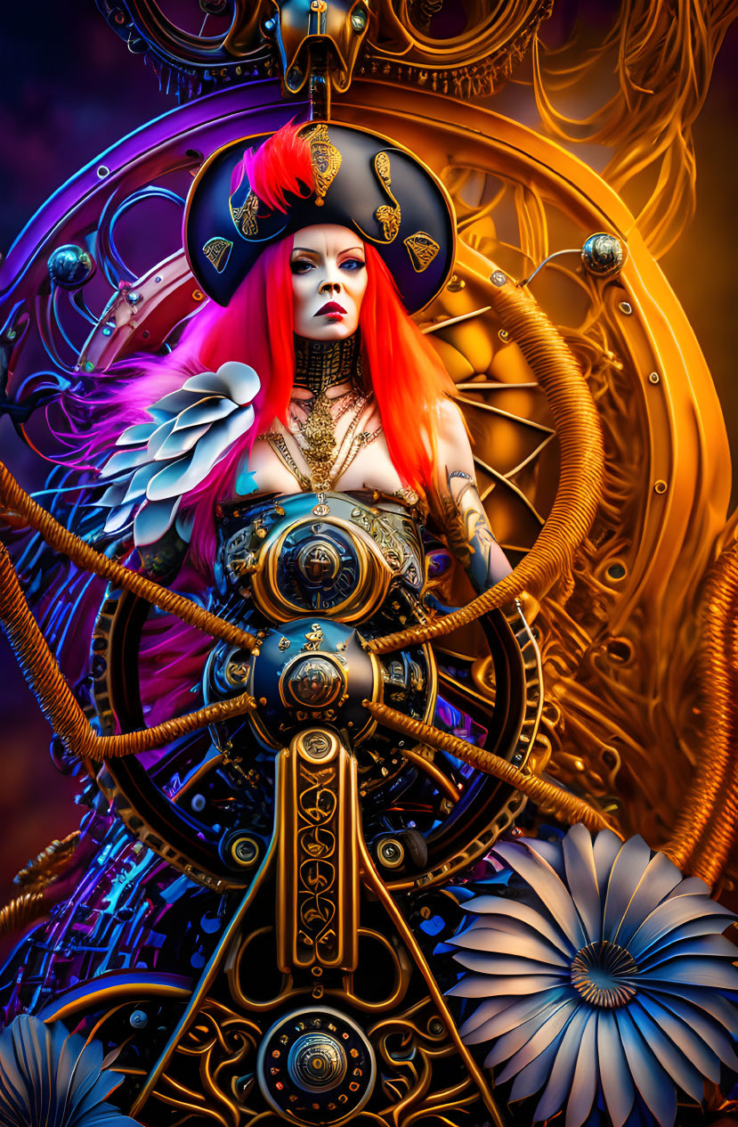 Steampunk-themed image: Red-haired woman with pirate hat and clockwork motif