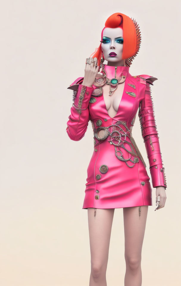 Stylized female figure with red and orange mohawk hair in vibrant pink dress.