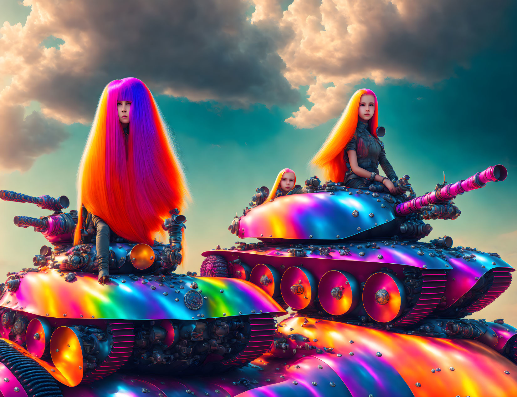 Vibrant-haired trio on futuristic tanks under dramatic sky