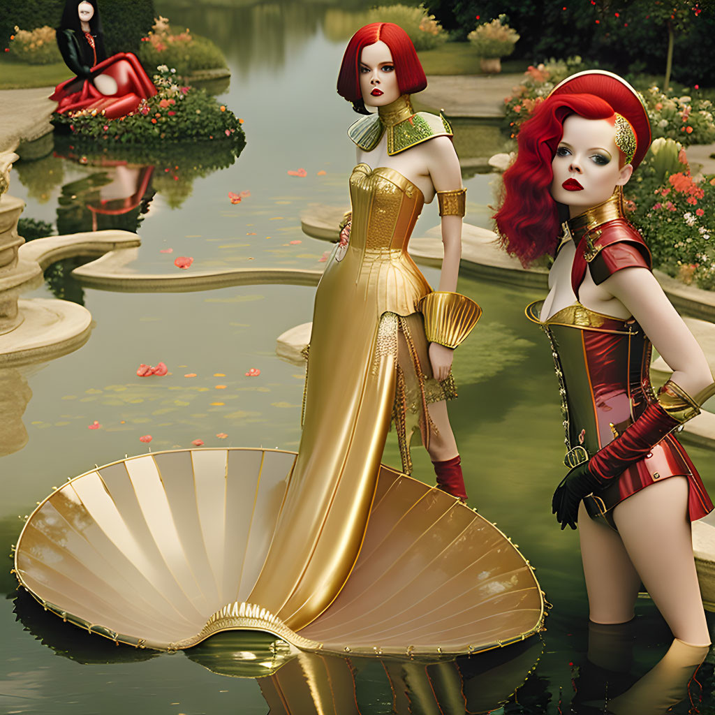 Three women in golden and red costumes posing by a serene pond.