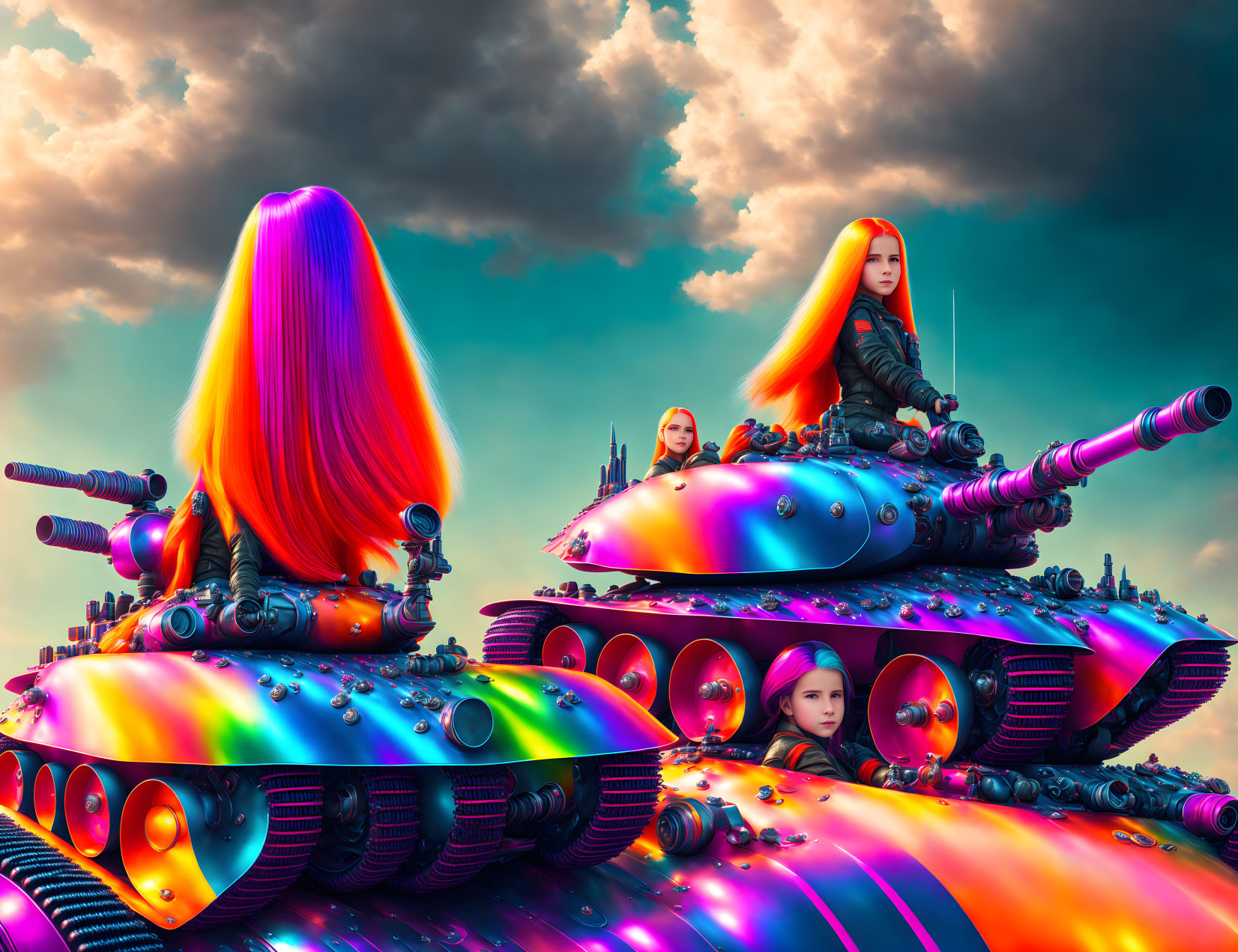 Colorful-haired women on futuristic tanks in vibrant sci-fi scene