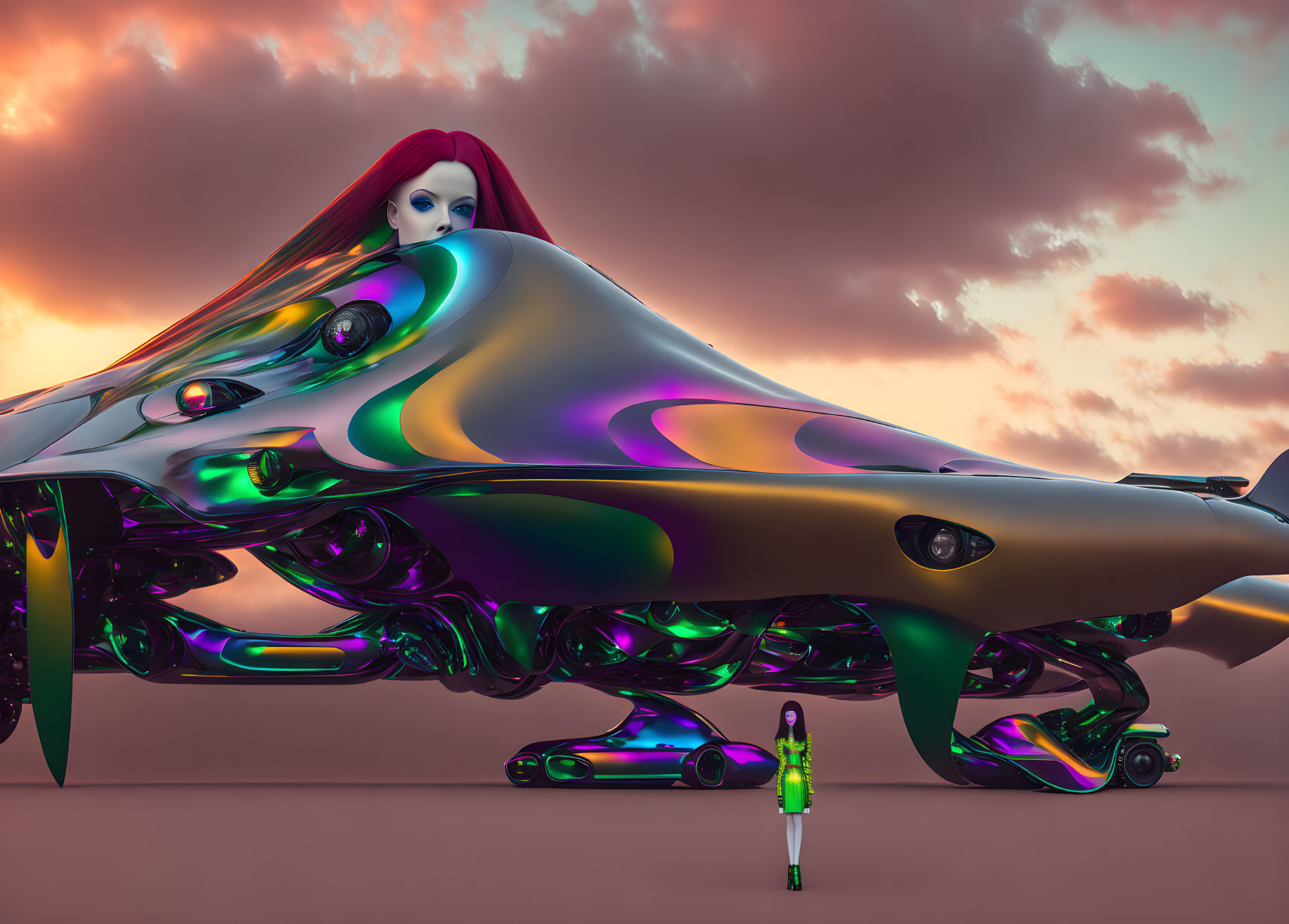 Futuristic scene with human figures beneath large iridescent shape