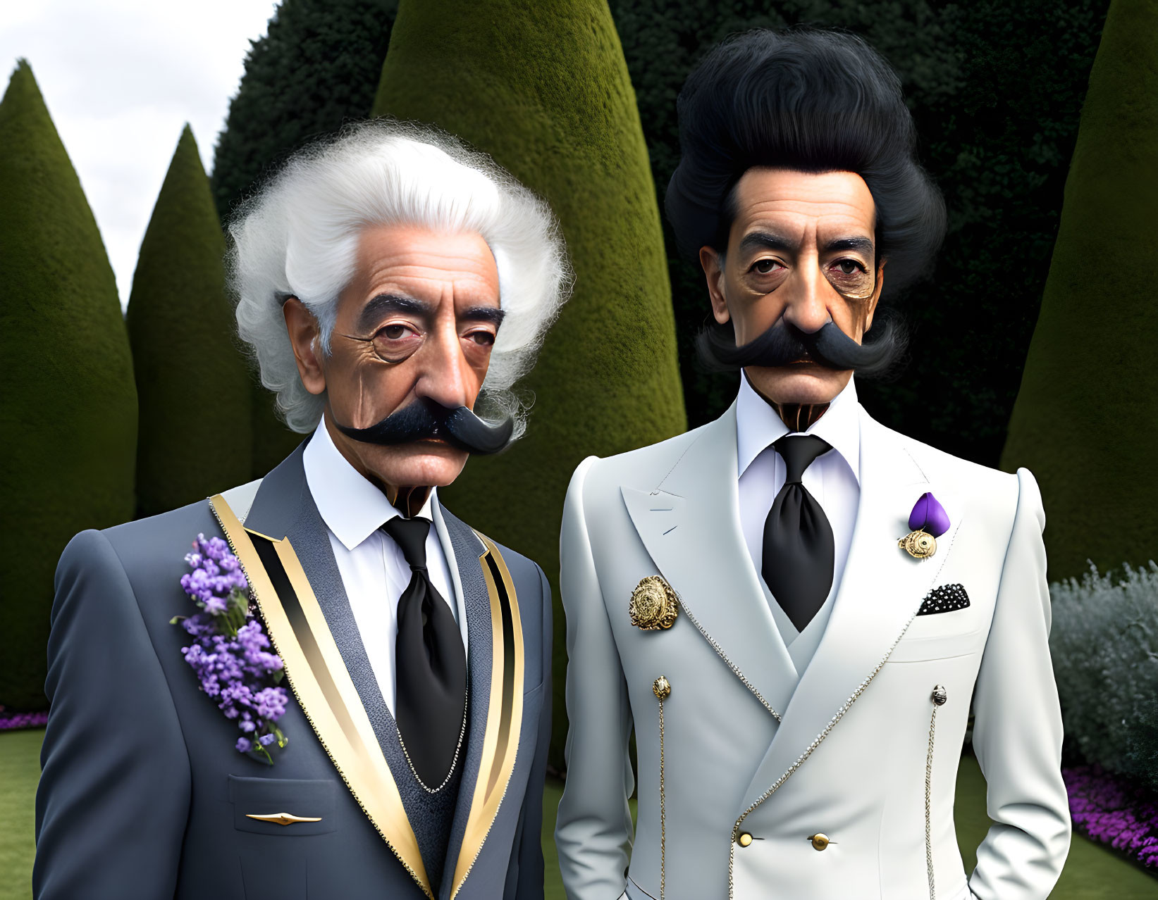 Stylized animated gentlemen with exaggerated mustaches in formal attire by manicured hedges