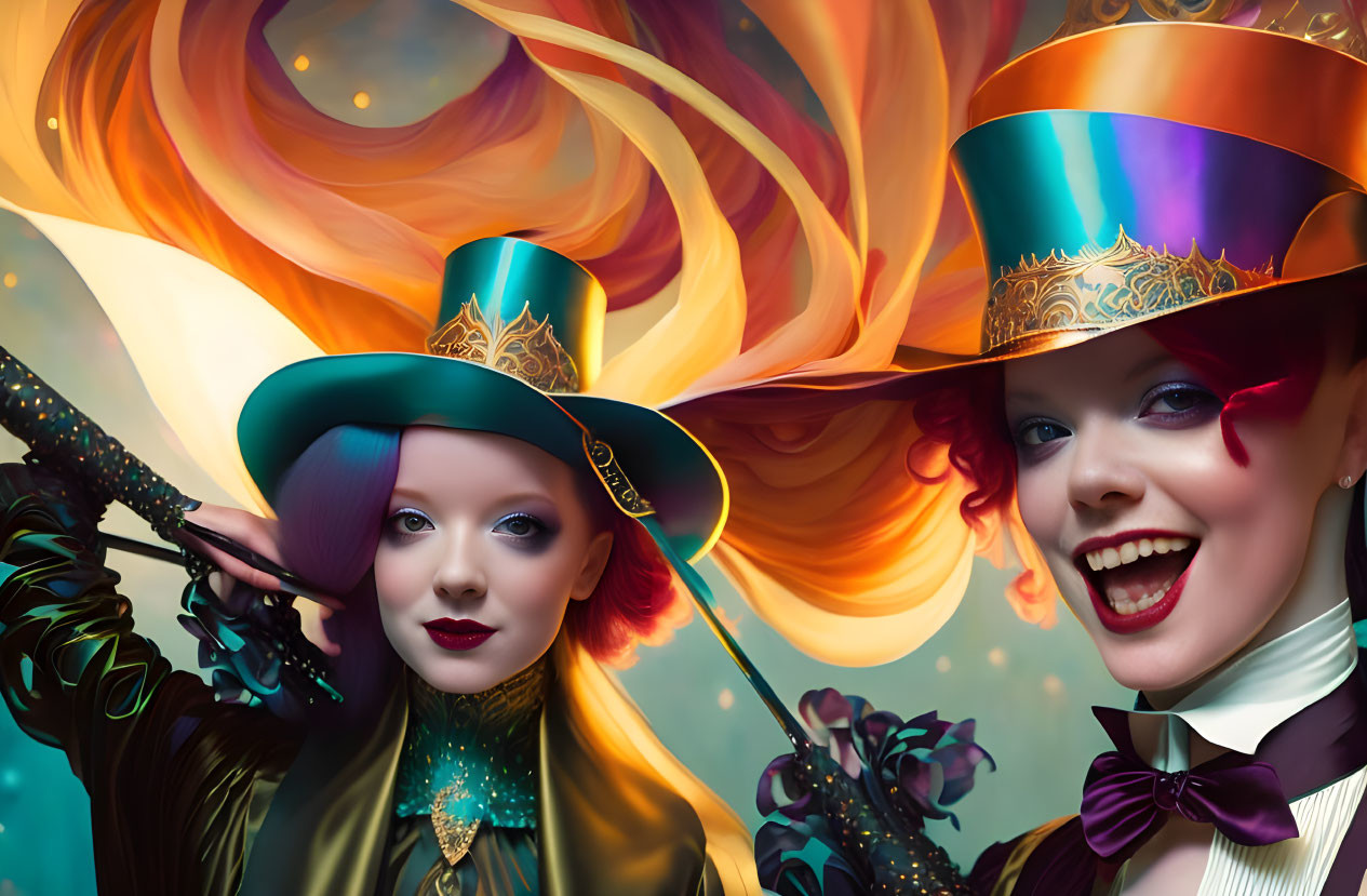 Two women in colorful top hats with cane in front of flame-like background