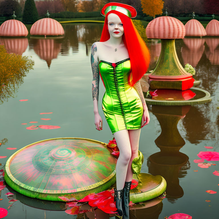 Vibrant red-haired woman on lily pad in pond with pink lilies and autumn trees