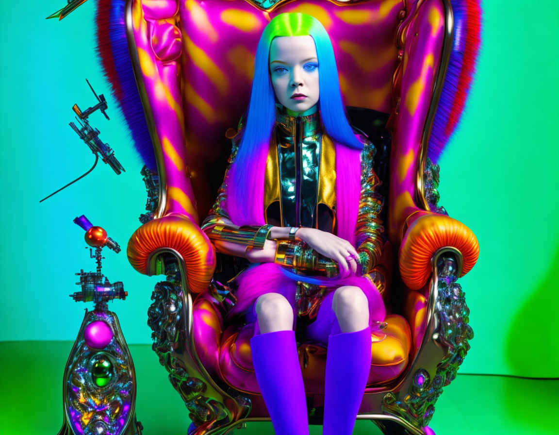 Blue-haired woman on regal chair in vibrant neon lighting with metallic sculptures