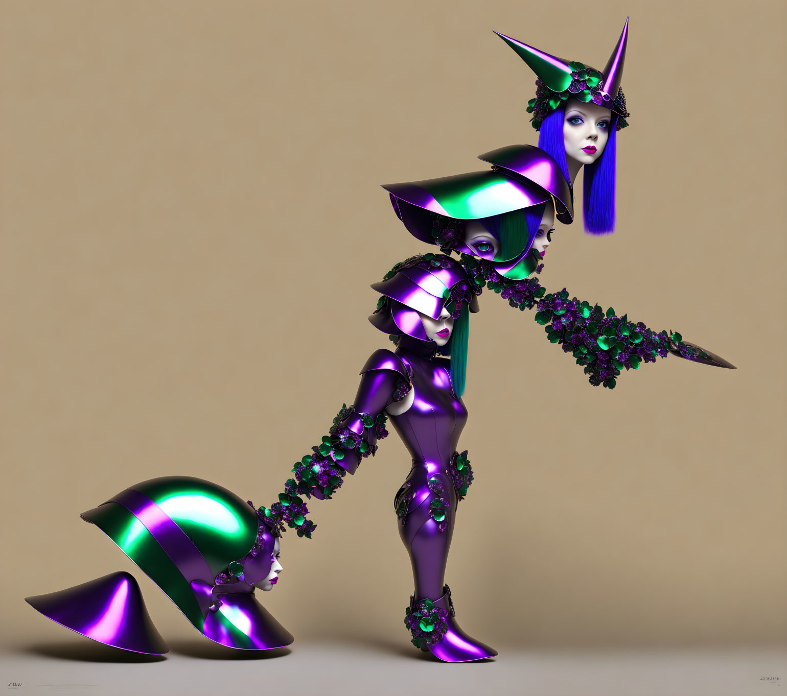 Futuristic female knight in purple and green armor with spear