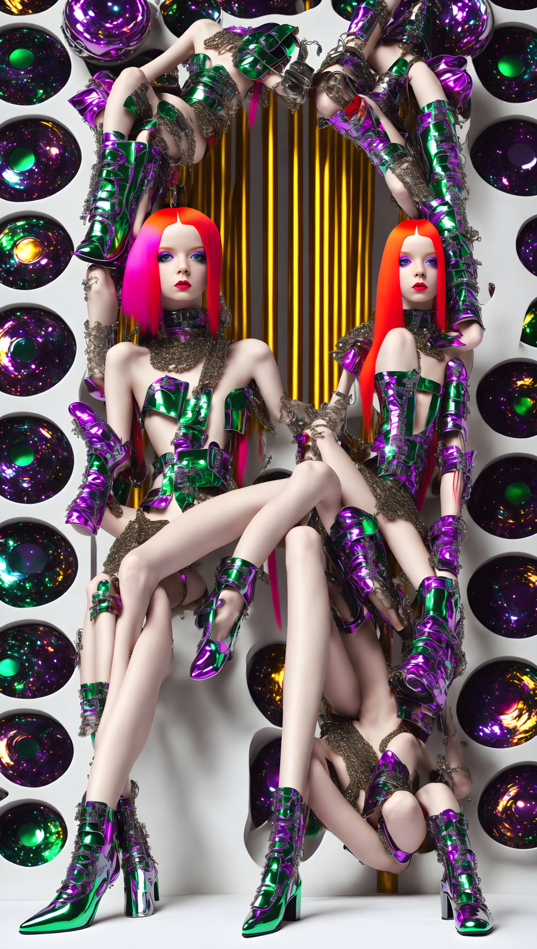 Identical models in red hair, futuristic outfits, and shiny boots against colorful circles.