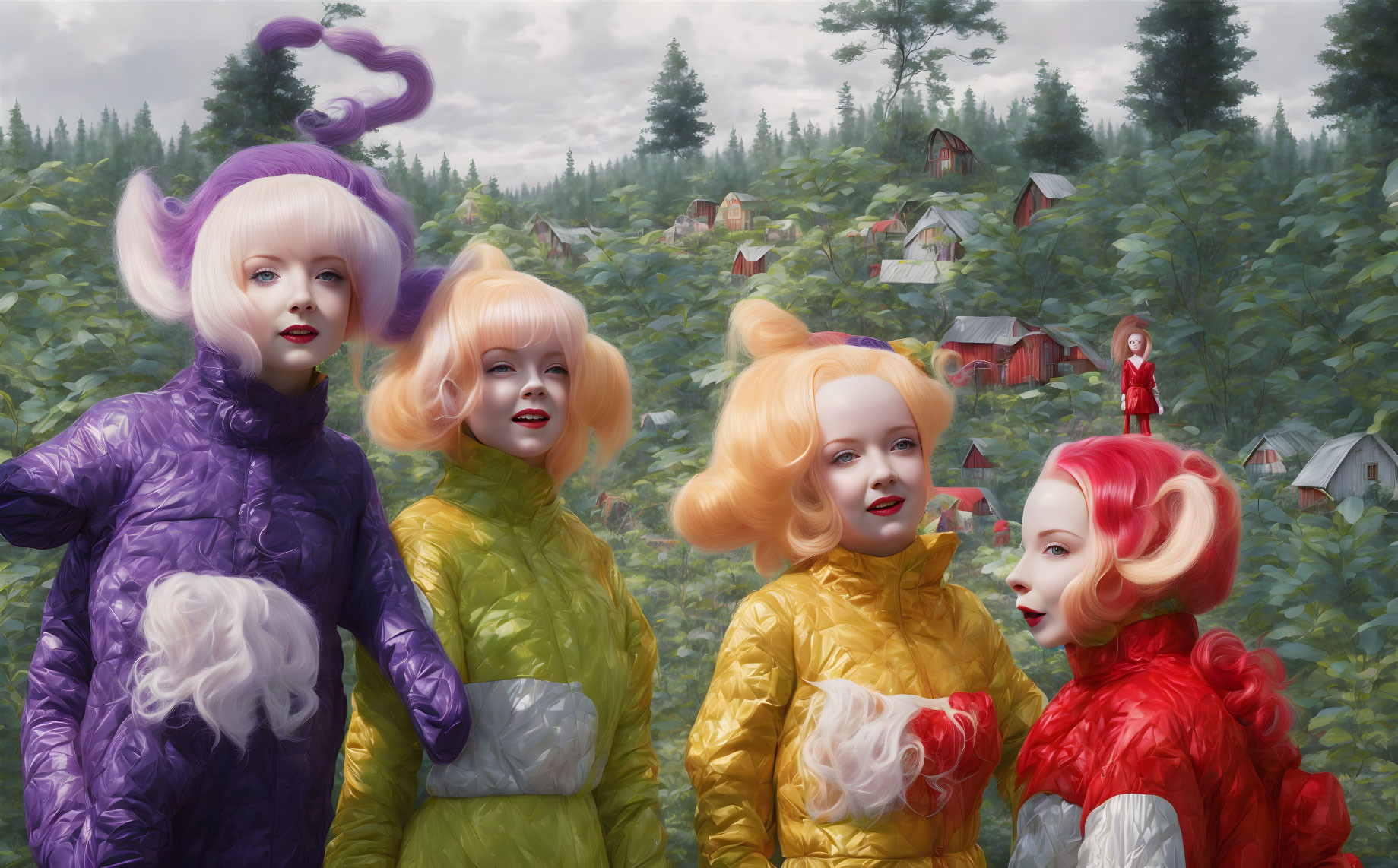 Four women in colorful jackets with stylized hair in front of whimsical birdhouses forest